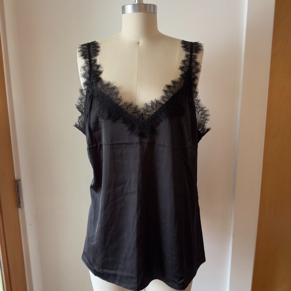 NEW White House Black Market Lace-Trimmed Satin Camisole Top-Black-Sz Lg-RRP $69